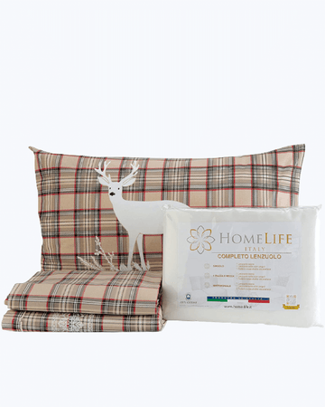 Set Lenzuola Letto in Cotone Made in Italy - Completo Letto Tartan con Cervi Cervi Beige